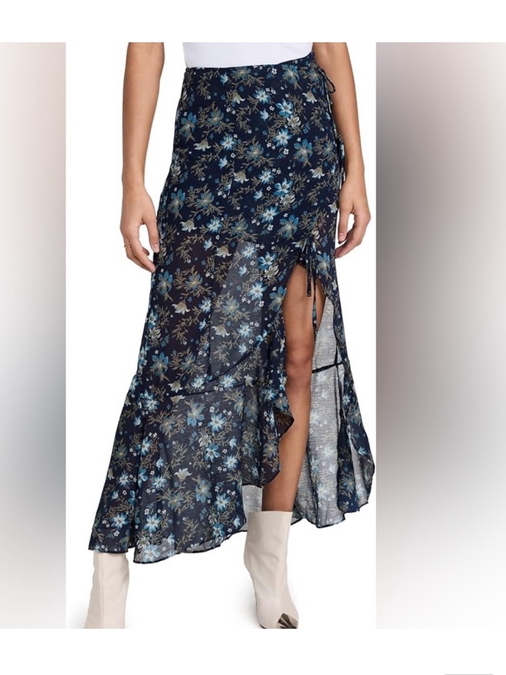 Free People Femme Edge Blue Ink Sheer Floral Maxi Skirt